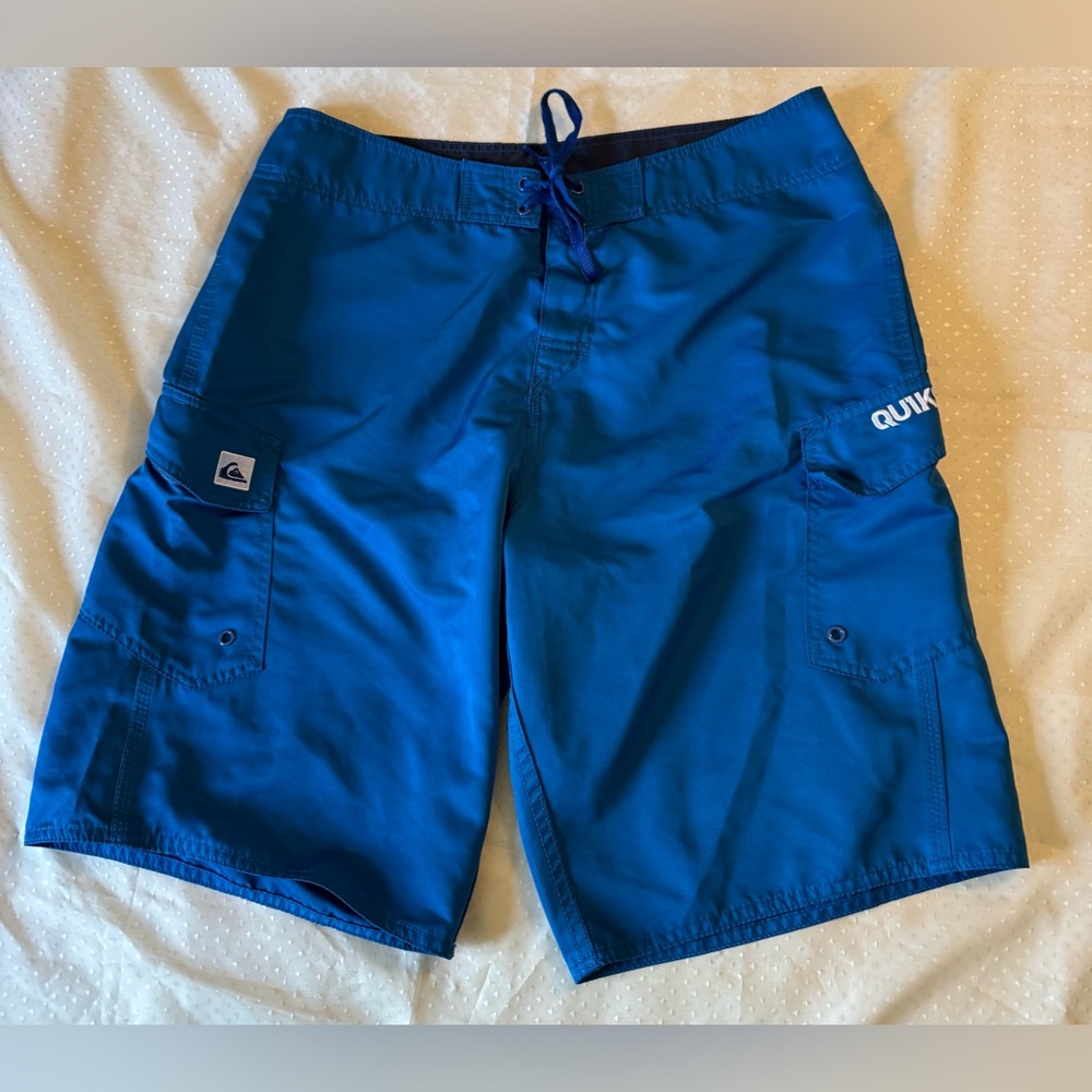 Quiksilver Board Shorts Size 34 Blue Graphic Logo Surf Swim Quick Dry Beachwear